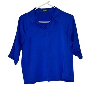 Express Royal Blue Cropped Collared Button-Front Blouse medium M